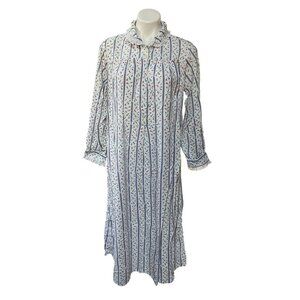 Lanz Of Salzburg Womens Cotton Flannel Nightgown S White Floral Striped